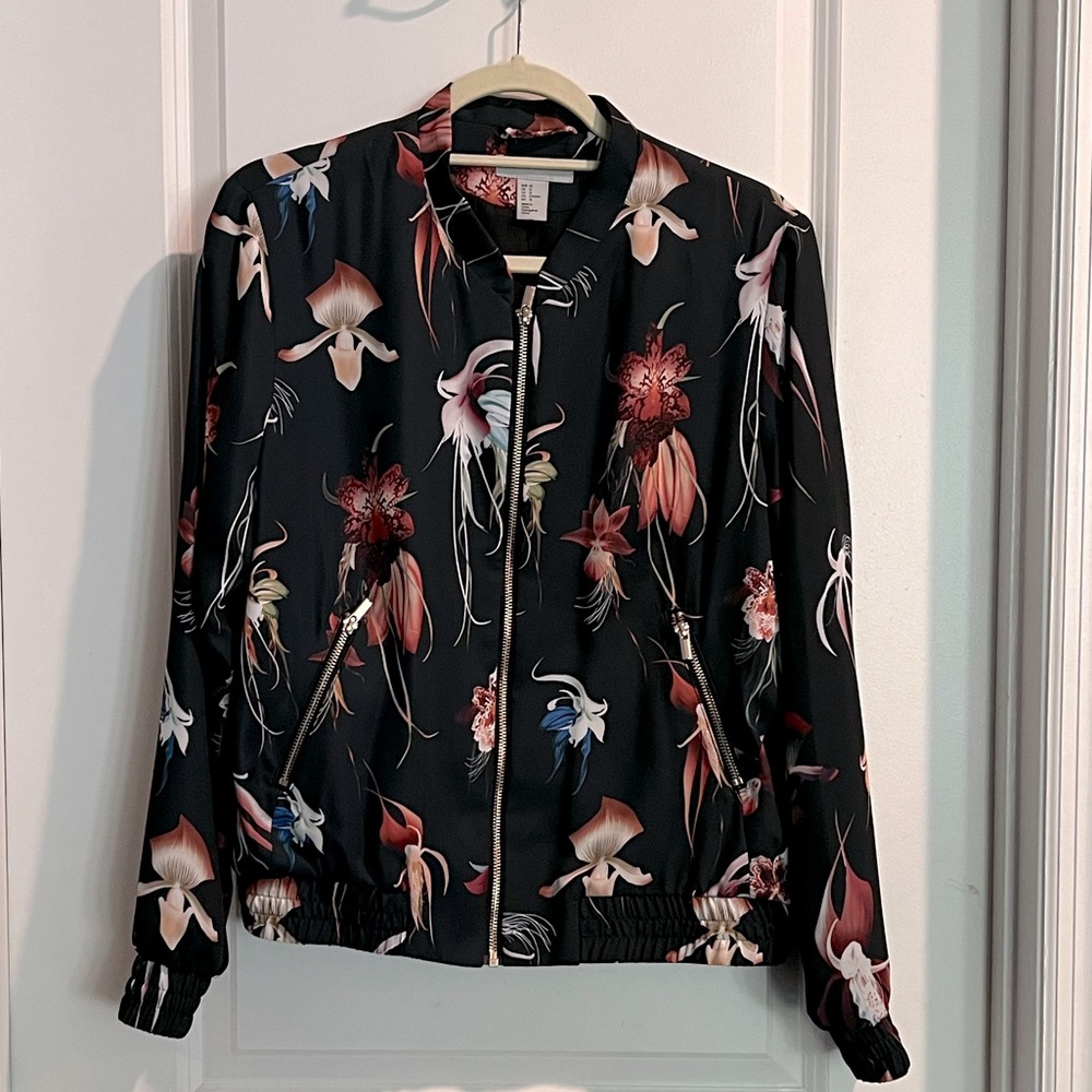 Floral Printed Silky Bomber Jacket